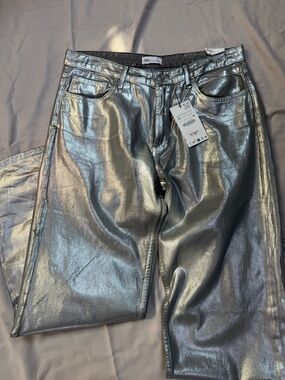 Zara Women's Metallic Silver Wide-Leg Jeans